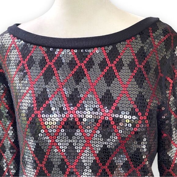 EXPRESS Sequin Argyle Print Boatneck Top - Picture 2 of 11